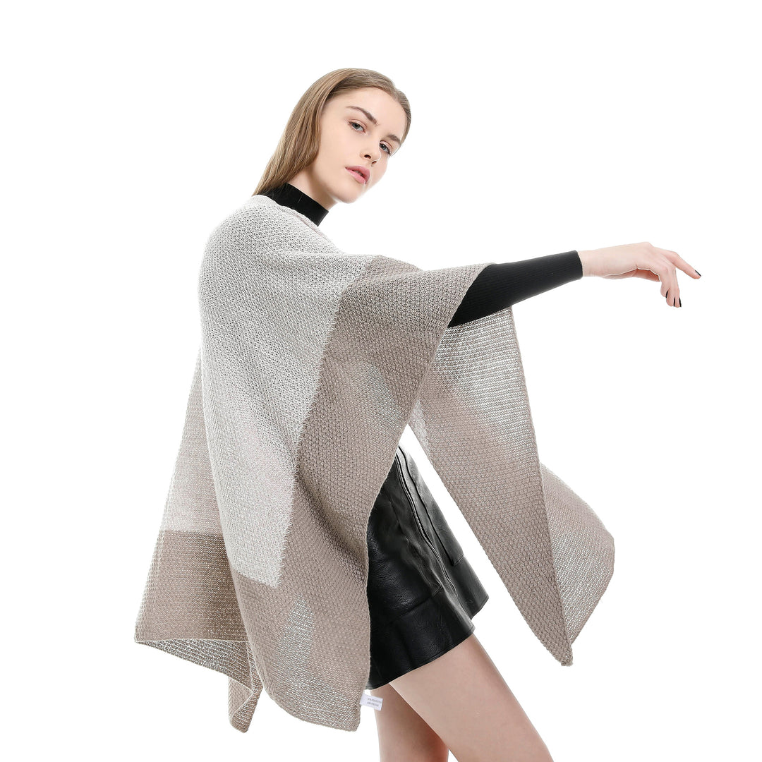 Damen Offene Strick‑Ruana mit Wasserfall‑Saum und Blockstreifen Drune