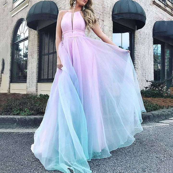 Damen Maxikleid mit tiefem V-Ausschnitt und schwingendem Tüllrock Drune