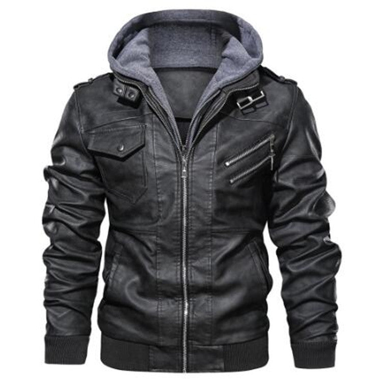 Herren Lässige Lederjacke mit Kapuze Drune