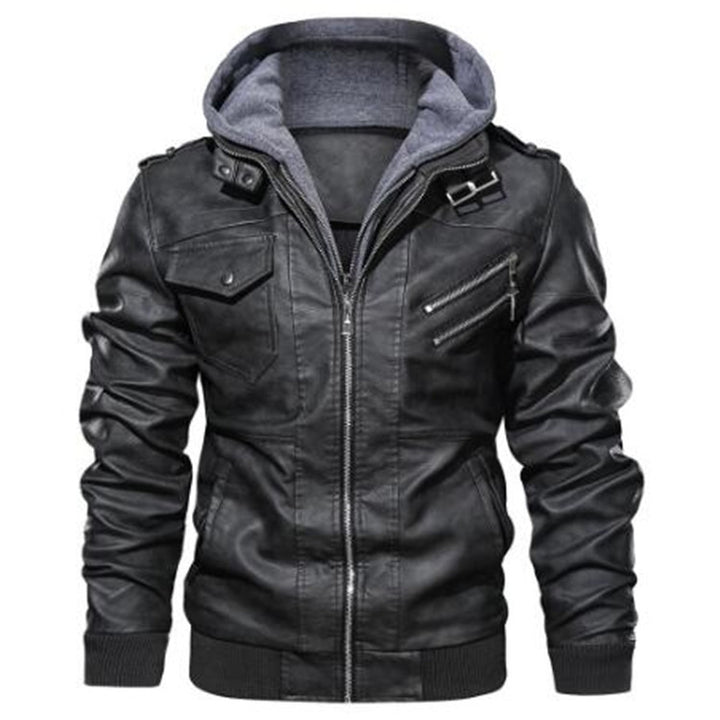 Herren Lässige Lederjacke mit Kapuze Drune