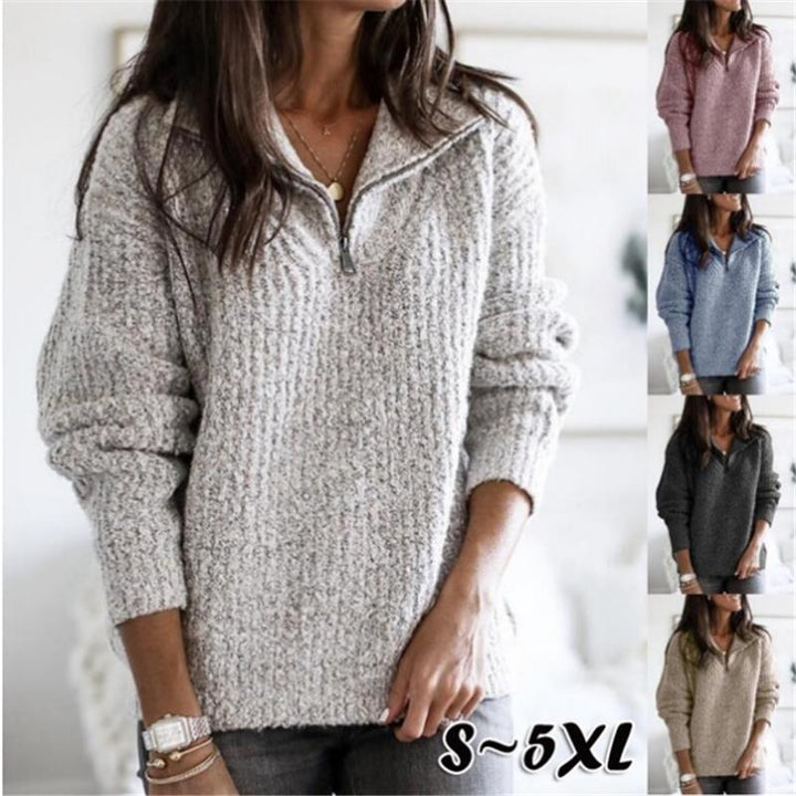 Damen nan grober Strickpullover mit halbem Reißverschluss, Stehkragen und relaxed Fit Drune