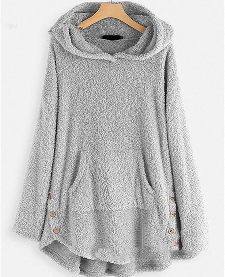 Damen nan kuscheliger Teddy-Kapuzenpullover mit Kängurutasche, Knopfleiste an den Seiten und abgerundetem Saum Drune