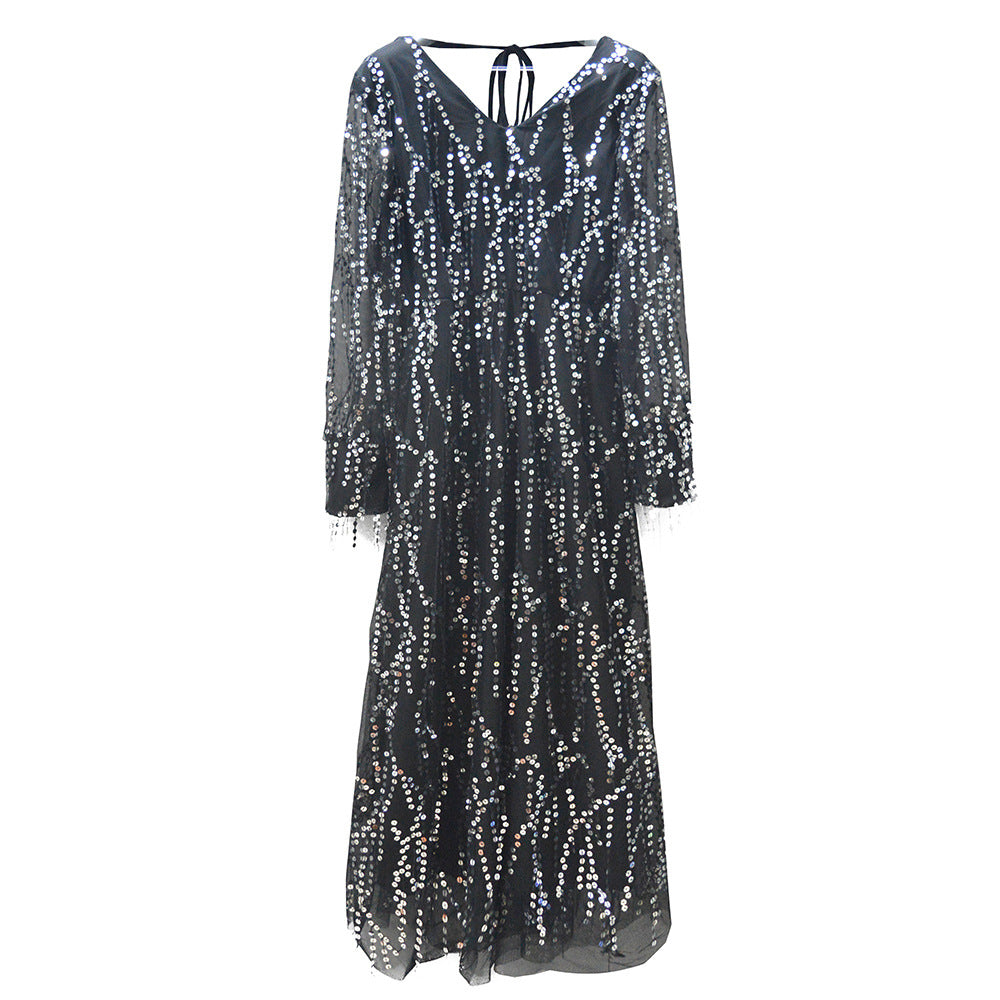 Damen Festliches Maxikleid mit funkelndem Paillettenbesatz und transparenten Ärmeln Drune