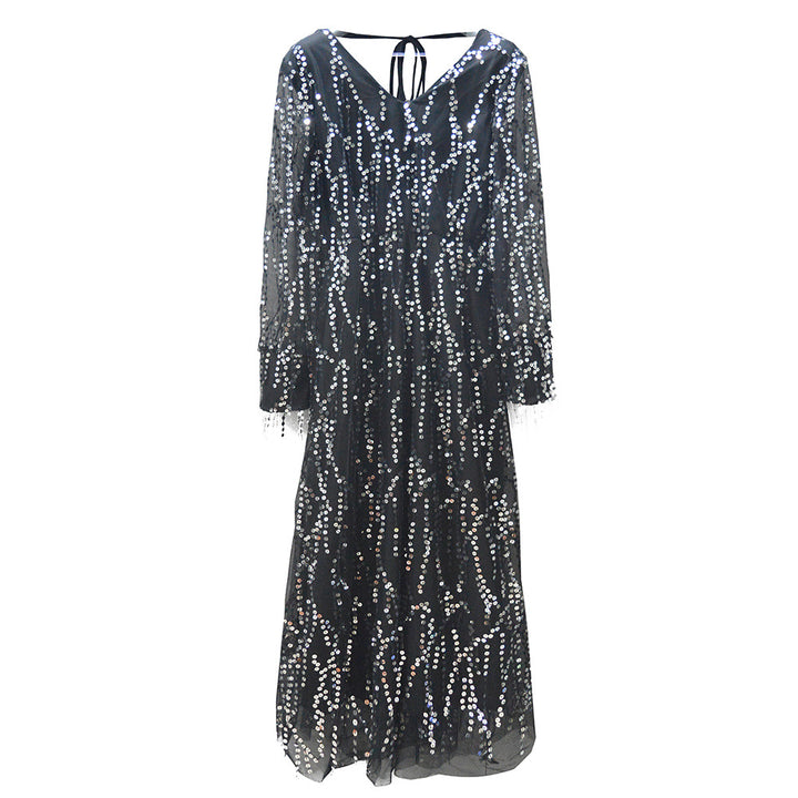 Damen Festliches Maxikleid mit funkelndem Paillettenbesatz und transparenten Ärmeln Drune