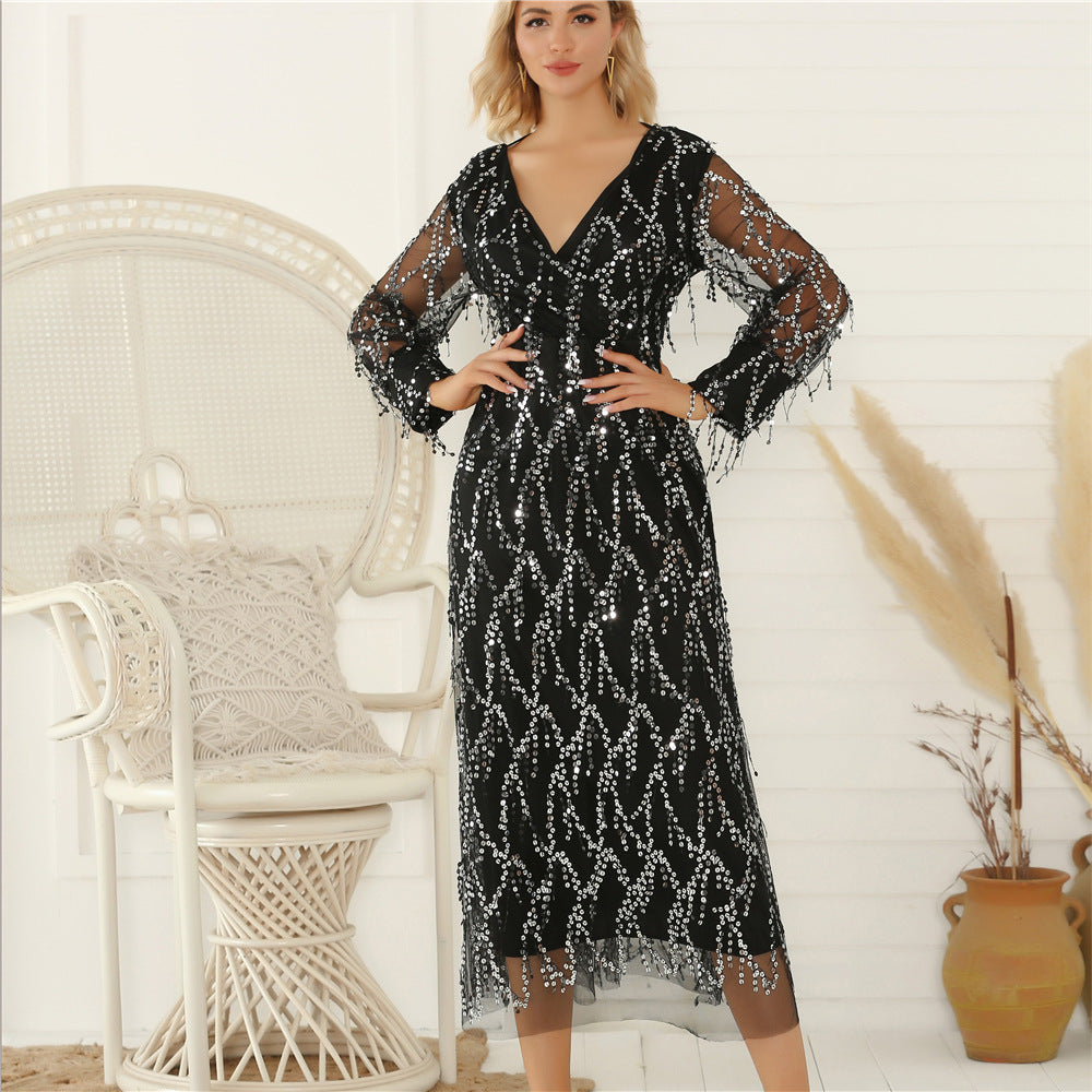 Damen Festliches Maxikleid mit funkelndem Paillettenbesatz und transparenten Ärmeln Drune
