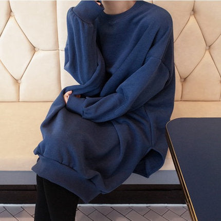 Damen Oversized-Sweatkleid mit gerippten Bündchen, Rundhalsausschnitt und verlängertem Rückensaum Drune
