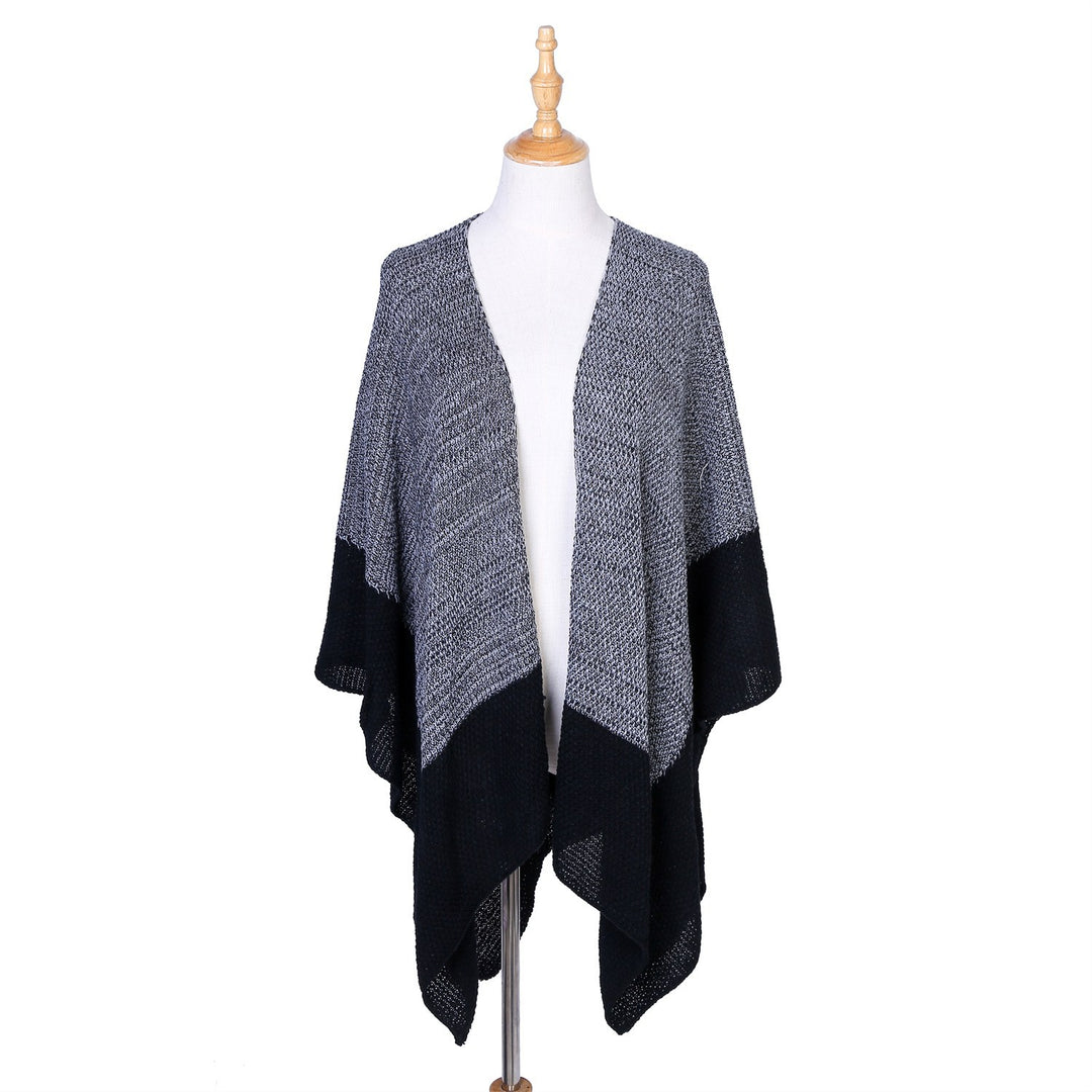 Damen Offene Strick‑Ruana mit Wasserfall‑Saum und Blockstreifen Drune