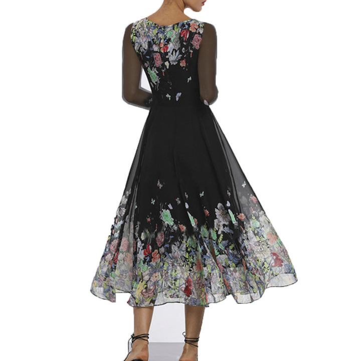 Damen Elegantes Blumen-Maxi-Kleid mit transparenten Ärmeln und fließendem Schnitt Drune