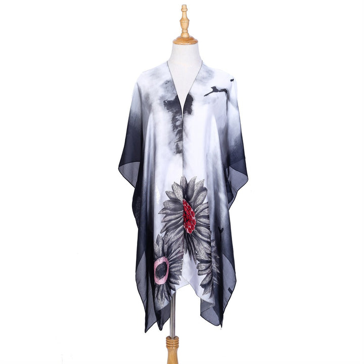 Damen Seidenähnlicher Kaftan-Überwurf mit großflächigem Sonnenblumenprint Drune