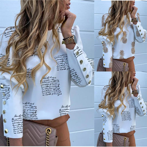 Damen Rundhalsbluse aus Viskosemix mit Ananasdruck und goldenen Dekoknopf-Manschetten Drune