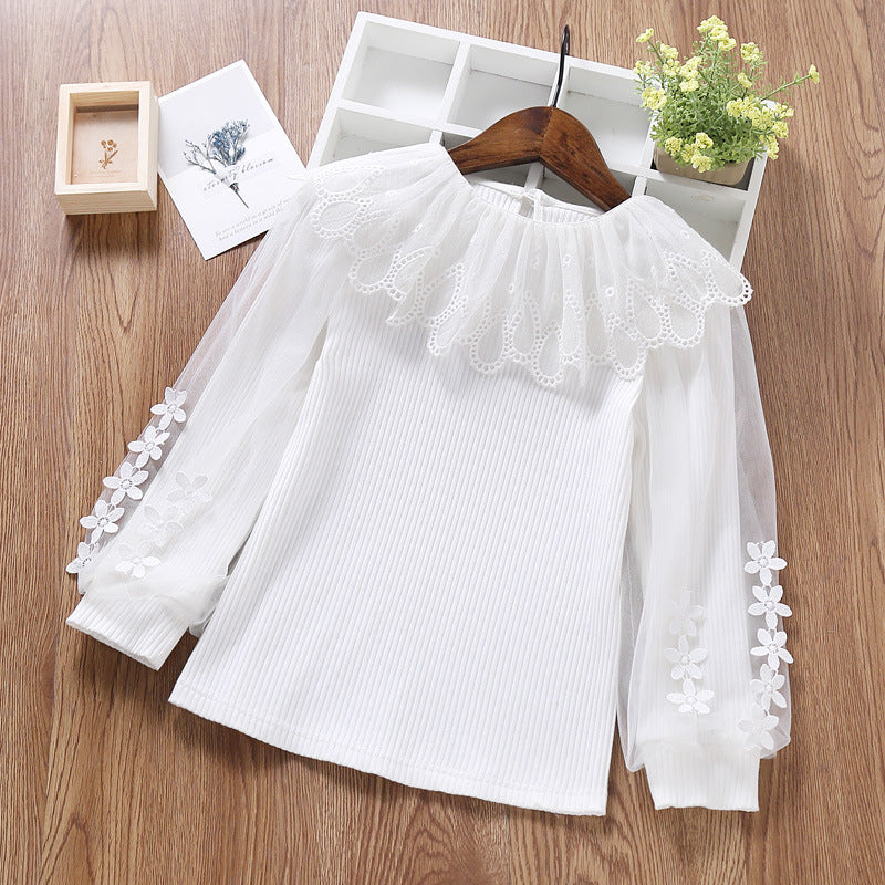 Damen elegante Bluse mit romantischem Tüllkragen und floralem Details Drune