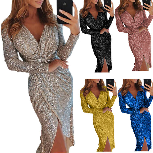 Damen nan glitzerndes Wickel-Midikleid mit V-Ausschnitt langen Ärmeln seitlichem Beinschlitz Drune