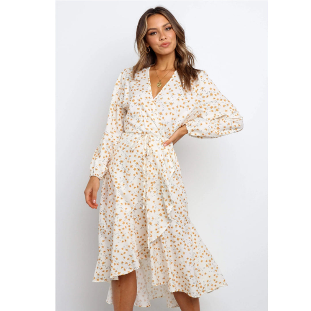 Damen Wickelkleid mit voluminösen Ärmeln und Rüschensaum Drune