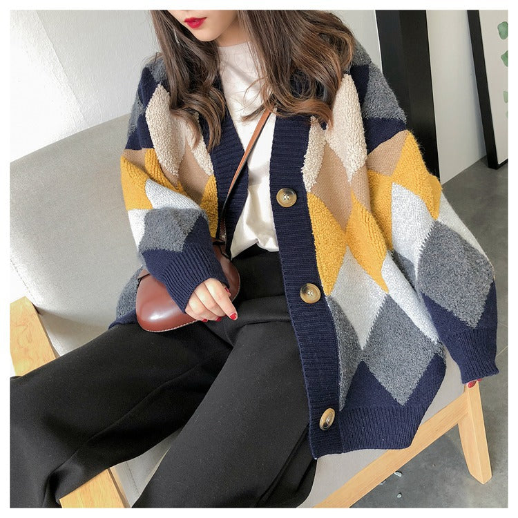 Damen Strickcardigan mit modernem Rautenmuster Drune