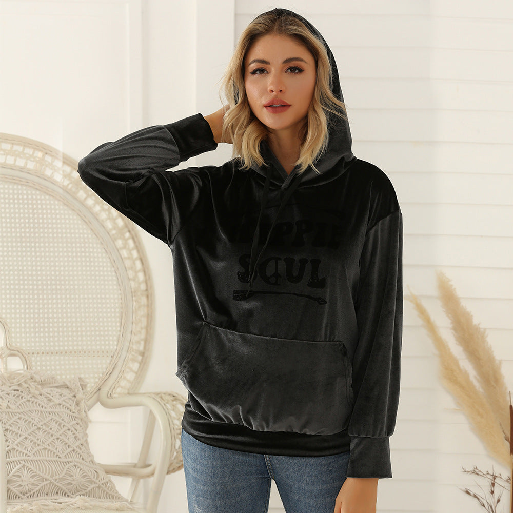Damen Samt-Hoodie mit Kapuze, Kängurutasche & samtigem Logoprint Drune