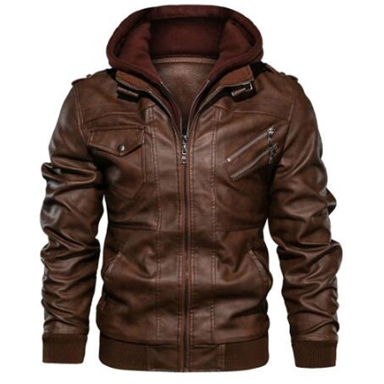 Herren Lässige Lederjacke mit Kapuze Drune