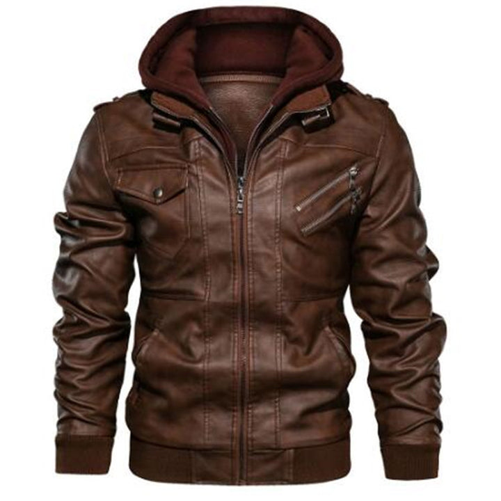 Herren Lässige Lederjacke mit Kapuze Drune