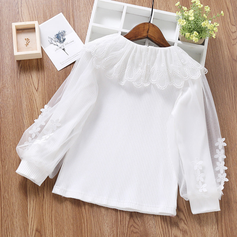 Damen elegante Bluse mit romantischem Tüllkragen und floralem Details Drune