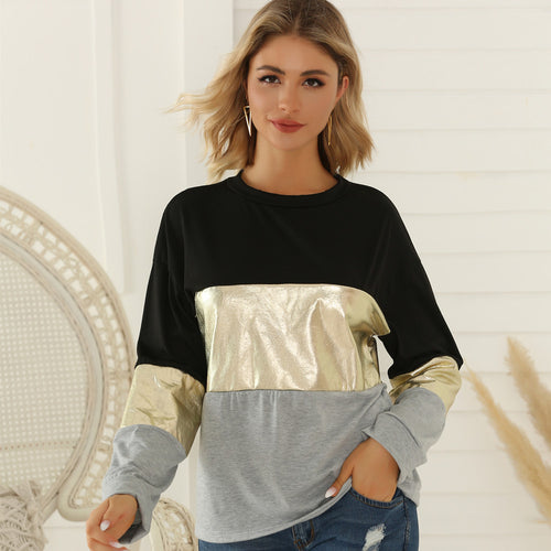 Damen Oversize Sweatshirt mit Metallic-Blockstreifen & Rundhalsausschnitt Drune