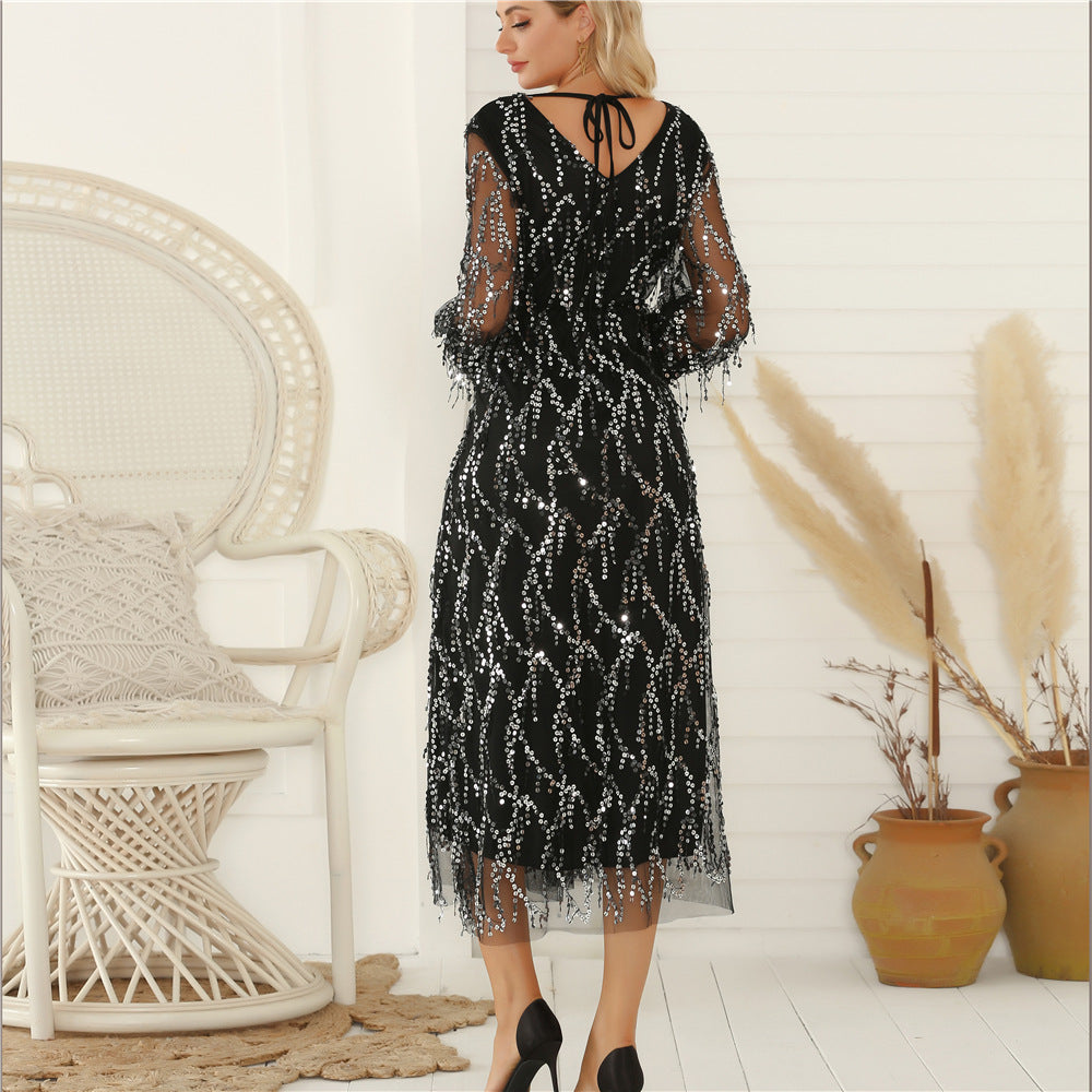 Damen Festliches Maxikleid mit funkelndem Paillettenbesatz und transparenten Ärmeln Drune