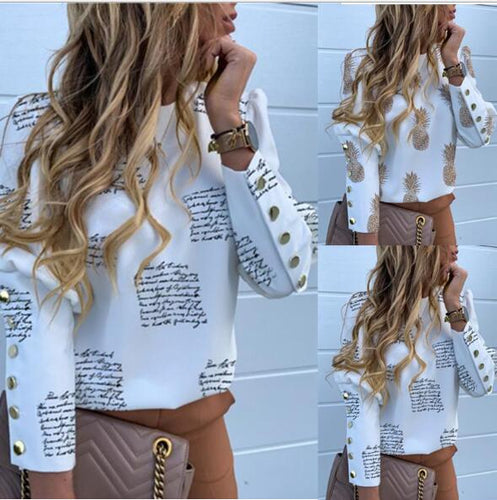 Damen Langarmshirt mit elegantem Schriftzug und dekorativen Knöpfen Drune