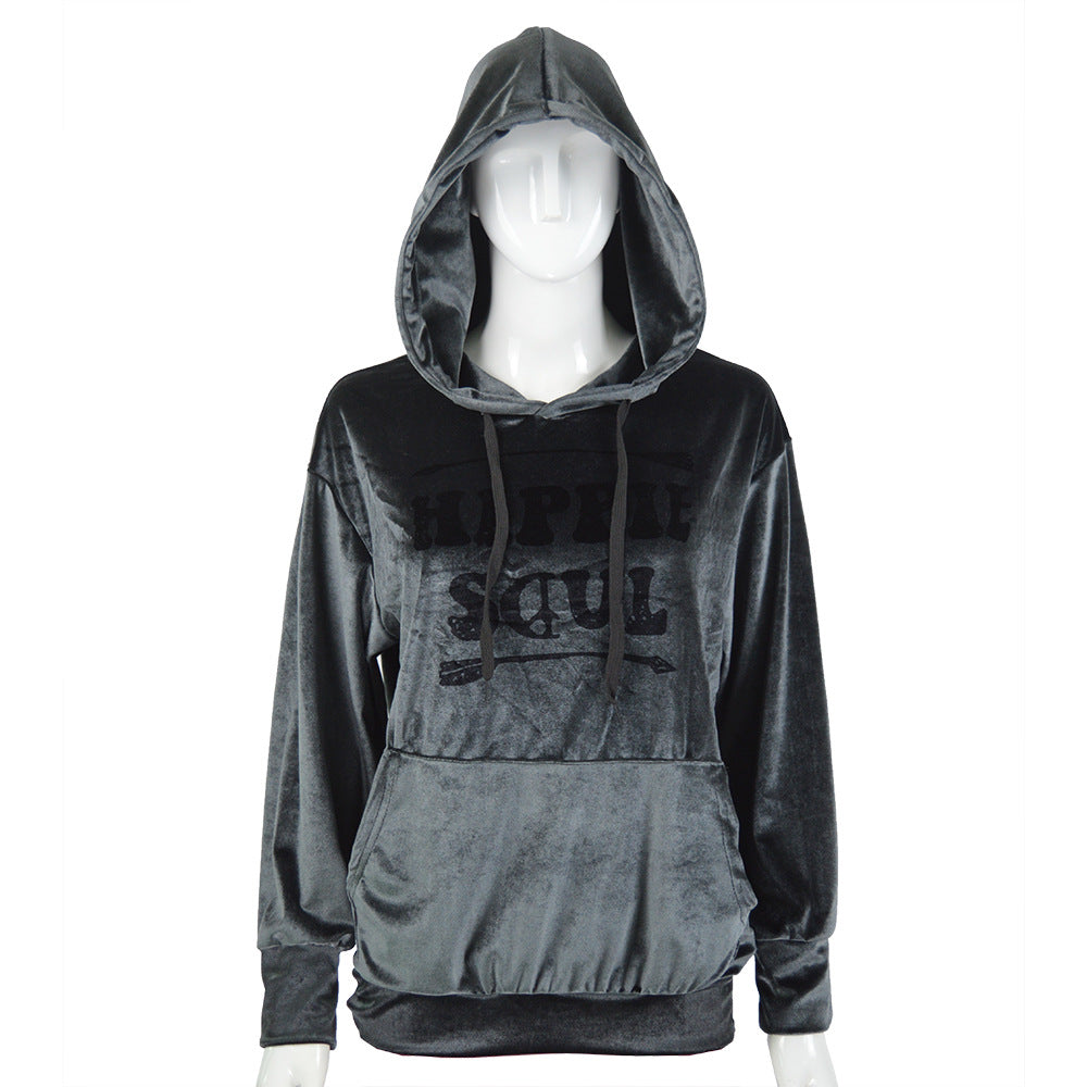 Damen Samt-Hoodie mit Kapuze, Kängurutasche & samtigem Logoprint Drune