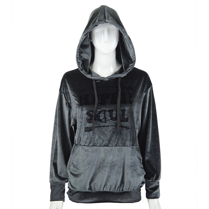 Damen Samt-Hoodie mit Kapuze, Kängurutasche & samtigem Logoprint Drune
