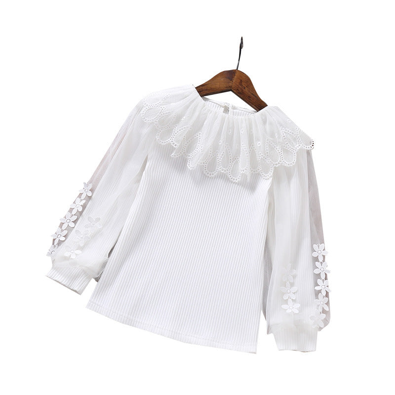 Damen elegante Bluse mit romantischem Tüllkragen und floralem Details Drune