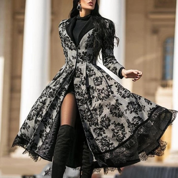 Drune | Herbst Winter Spitze Einsatz Retro Lange Trenchcoat