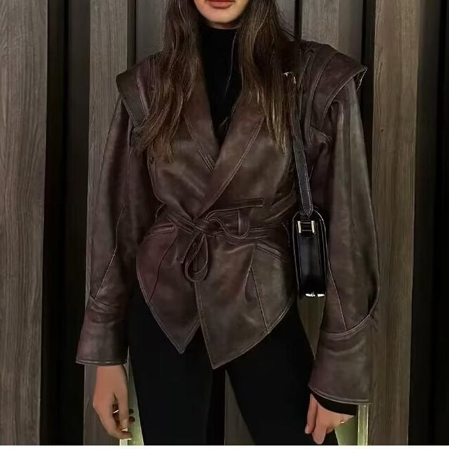 Drune | inspirierte PU-Lederjacke - Asymmetrischer Saum - Verstellbarer Taillengürtel - Schicke Oberbekleidung