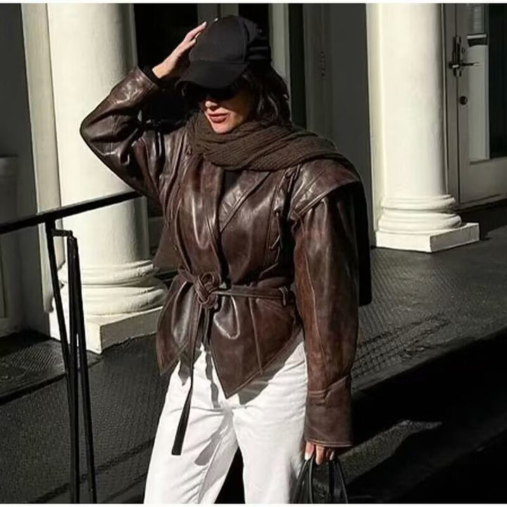 Drune | inspirierte PU-Lederjacke - Asymmetrischer Saum - Verstellbarer Taillengürtel - Schicke Oberbekleidung