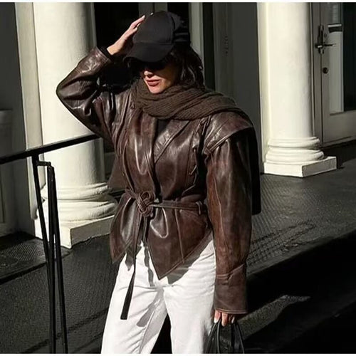 Drune | inspirierte PU-Lederjacke - Asymmetrischer Saum - Verstellbarer Taillengürtel - Schicke Oberbekleidung