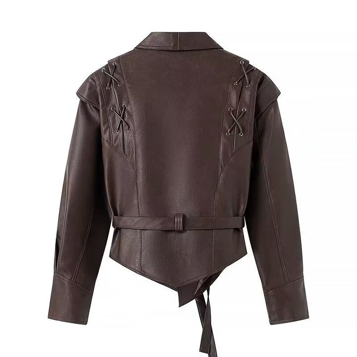 Drune | inspirierte PU-Lederjacke - Asymmetrischer Saum - Verstellbarer Taillengürtel - Schicke Oberbekleidung