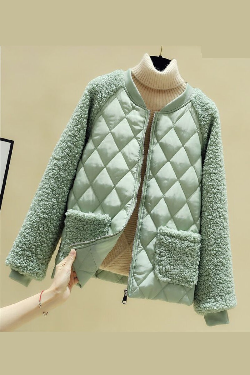 Damen nan gesteppte Teddyjacke mit Sherpa-Ärmeln, durchgehendem Reißverschluss und aufgesetzten Taschen Drune