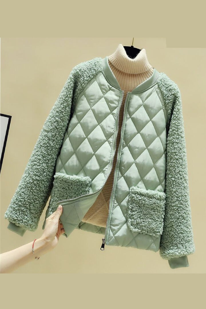 Damen nan gesteppte Teddyjacke mit Sherpa-Ärmeln, durchgehendem Reißverschluss und aufgesetzten Taschen Drune