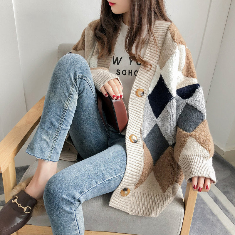 Damen Strickcardigan mit modernem Rautenmuster Drune