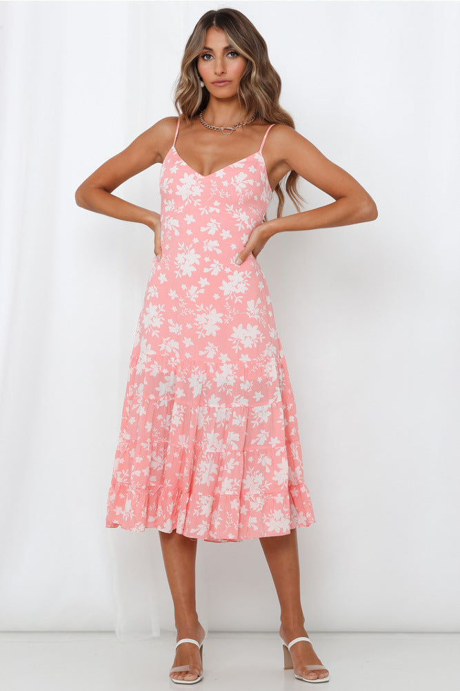 Damen Midi-Kleid mit floralen Rüschen und schwingendem Rock Drune