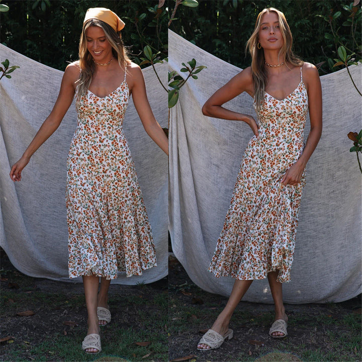 Damen Midi-Kleid mit floralen Rüschen und schwingendem Rock Drune