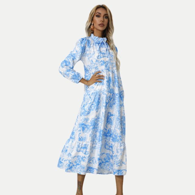Drune | Toile-Druck Midi-Kleid mit hohem Kragen