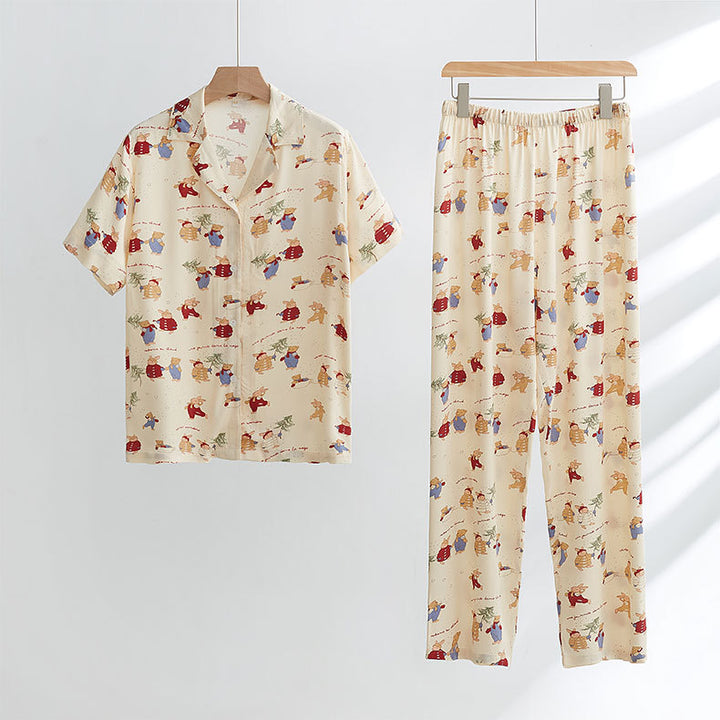 Damen-Pyjama-Set, Satin-Optik, Weihnachtshasen-Druck