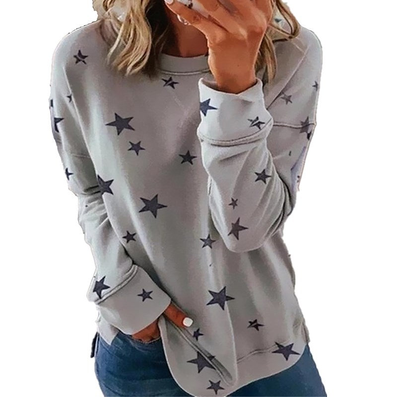 Damen nan locker geschnittenes Sternen-Print Sweatshirt mit Rundhalsausschnitt, verlängertem Rücken und seitlichen Schlitzen Drune