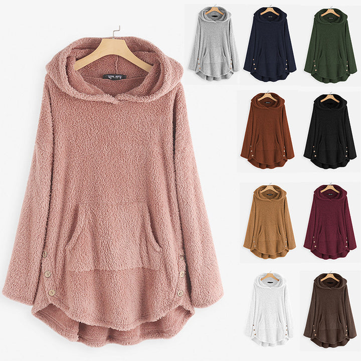 Damen nan kuscheliger Teddy-Kapuzenpullover mit Kängurutasche, Knopfleiste an den Seiten und abgerundetem Saum Drune