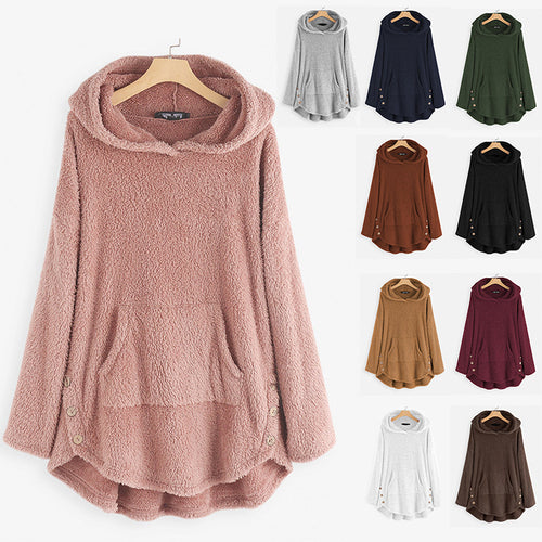 Damen nan kuscheliger Teddy-Kapuzenpullover mit Kängurutasche, Knopfleiste an den Seiten und abgerundetem Saum Drune