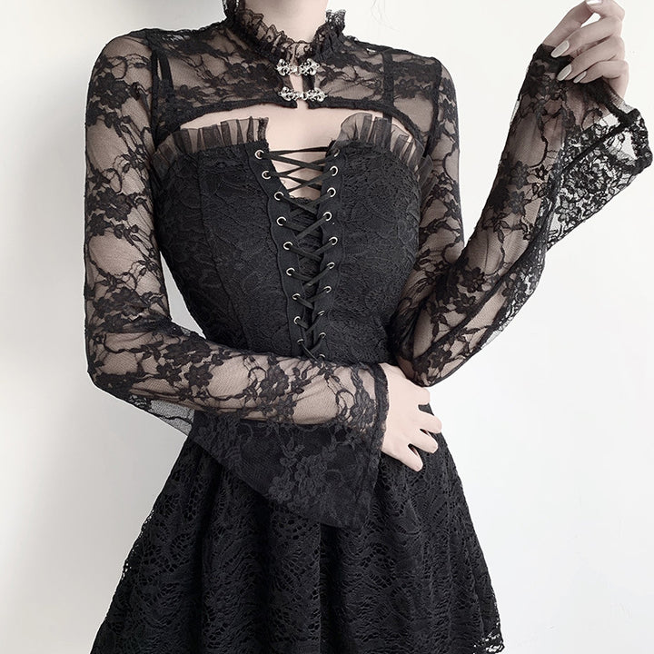 Damen Spitzenoberteil mit eleganten langen Ärmeln Drune