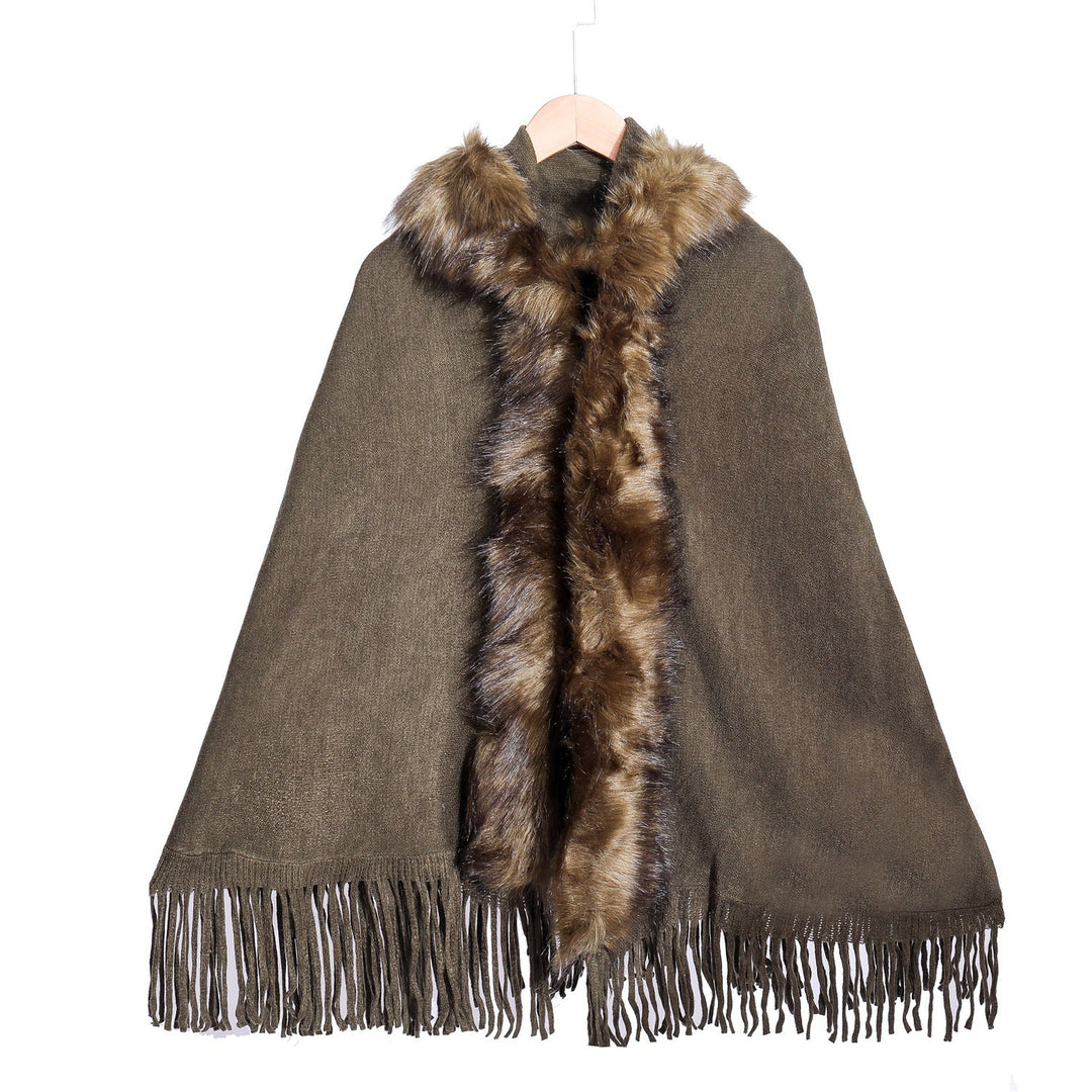 Damen Eleganter Wollmix-Umhangponcho mit abnehmbarem Kunstfellbesatz und Fransensaum Drune
