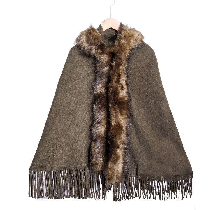 Damen Eleganter Wollmix-Umhangponcho mit abnehmbarem Kunstfellbesatz und Fransensaum Drune