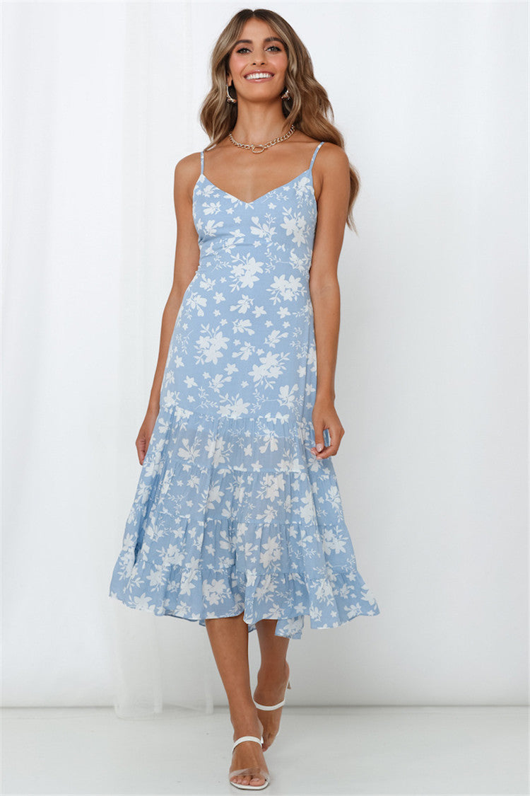 Damen Sommerliches Blumenkleid mit romantischem Volant und Spaghettiträgern Drune
