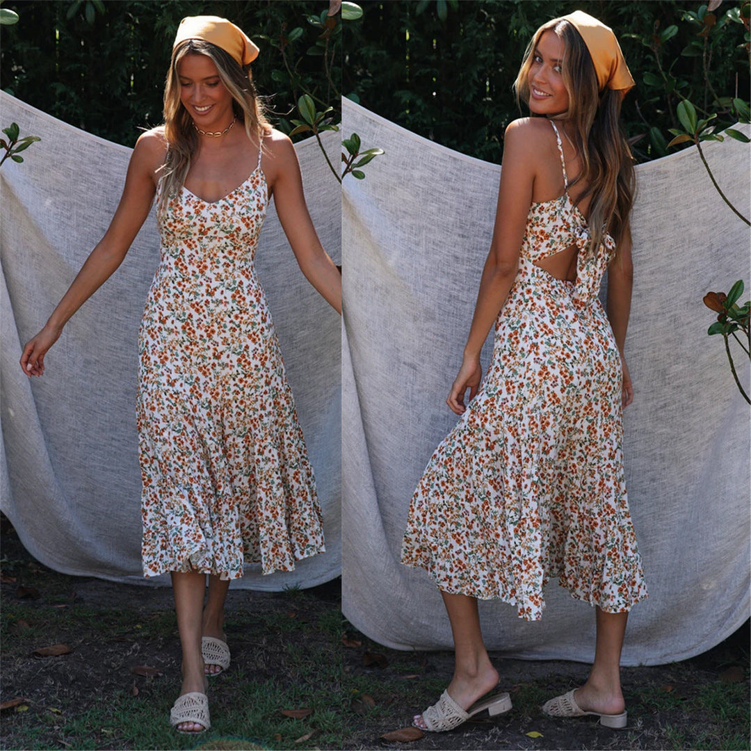 Damen Midi-Kleid mit floralen Rüschen und schwingendem Rock Drune