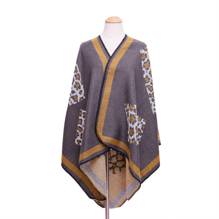 Damen Wolloptik-Kimono-Ruana mit Leopardenjacquard und kontrastierter Bordüre Drune