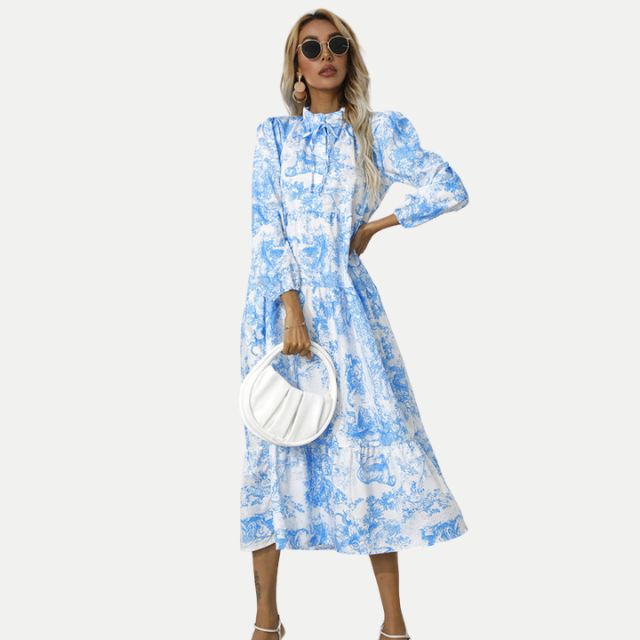 Drune | Toile-Druck Midi-Kleid mit hohem Kragen